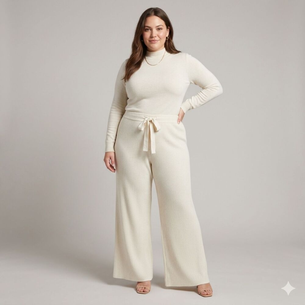 Eloquii Sweater Knit Pants Cream Wide Leg Ribbed Women's Plus Size 22/24 Stretch
